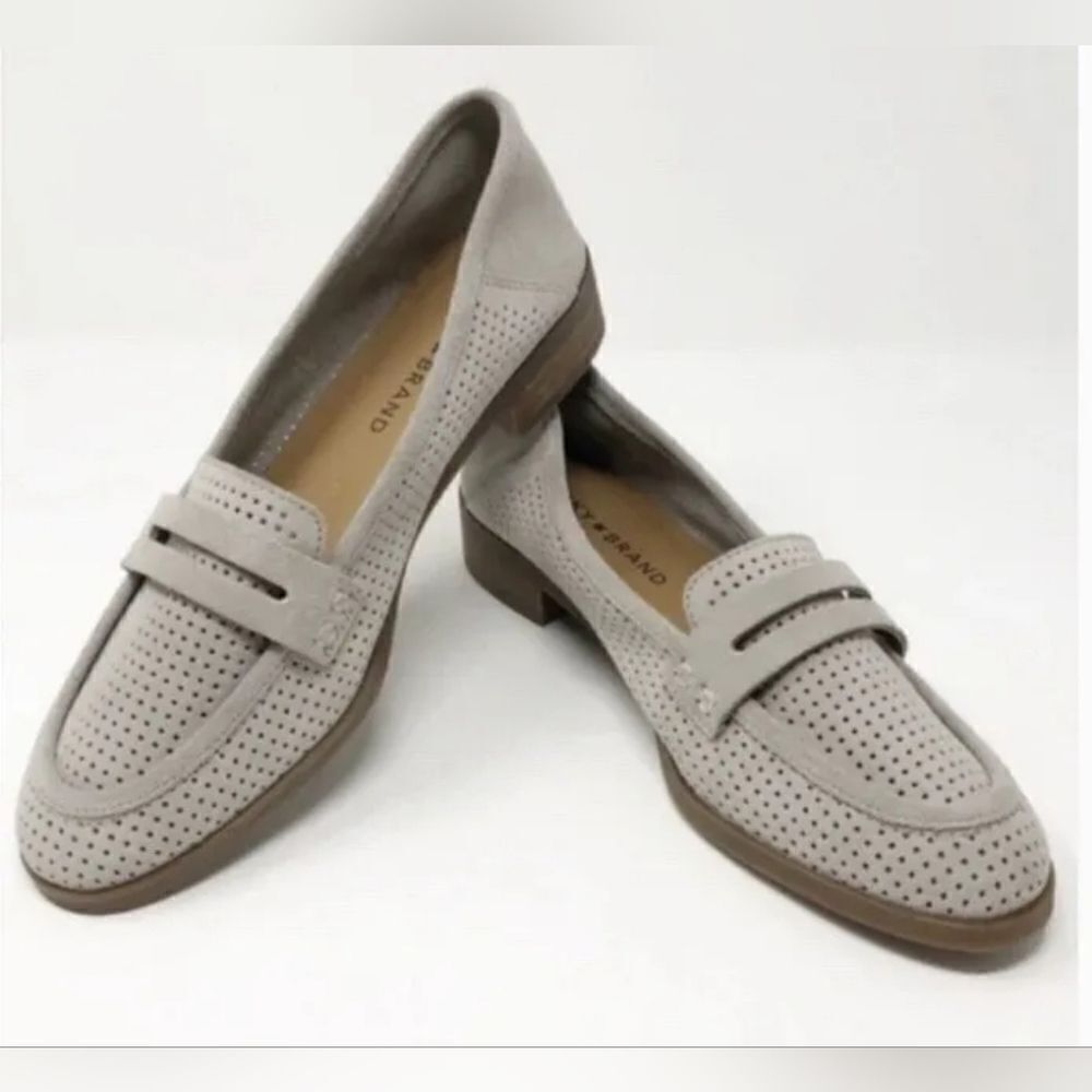 Lucky Brand Caylon Stone Gray Suede Leather Perforated Slip-on Penny Loafers‎ 7